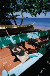 Barque de pêche sur une plage de Martinique.