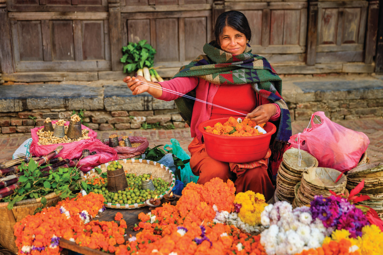 Vendeuse de légumes dans les rues de Patan.