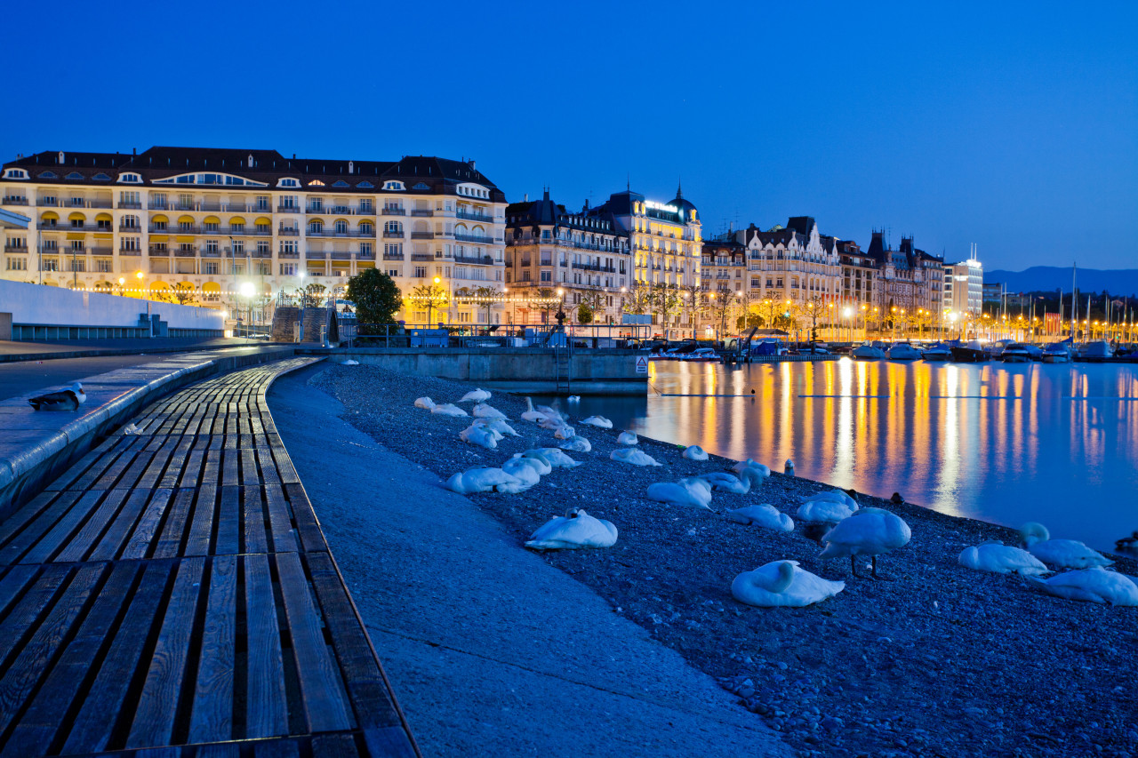 Le port de Genève, de nuit.